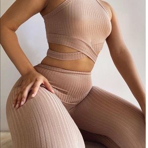 Ribbed Cross Crop Top & High Waist Pants Sets